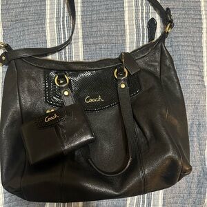Coach Black Leather Shoulder Bag with Gold Accents